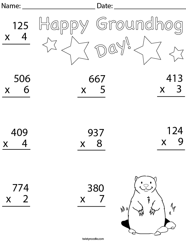 Groundhog Day Multiplication- 3 Digit Math Worksheet - Twisty Noodle Groundhog Day Multiplication- 3 Digit Math Worksheet - Twisty Noodle