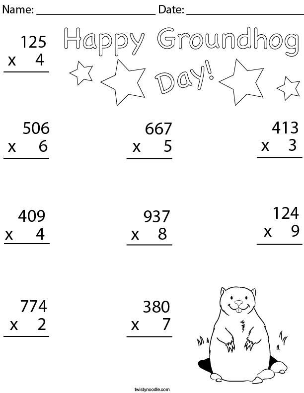 Groundhog Day Multiplication- 3 Digit  Math Worksheet