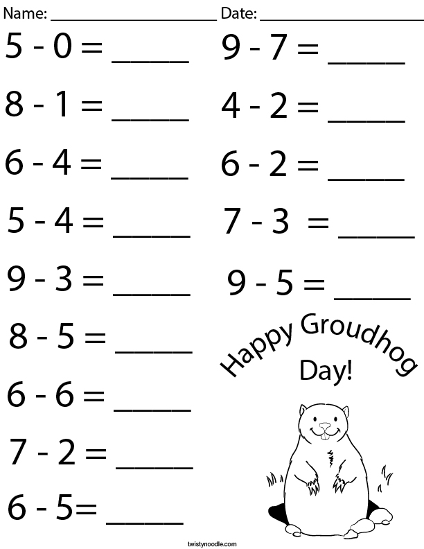 Groundhog Day Subtraction Math Worksheet