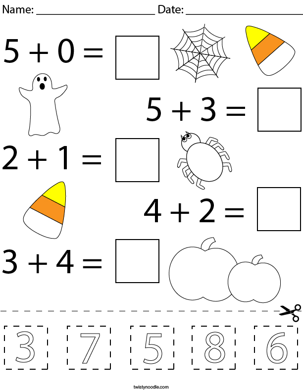Halloween Cut and Paste Addition Math Worksheet
