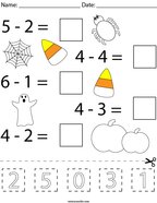Halloween Cut and Paste Subtraction Math Worksheet