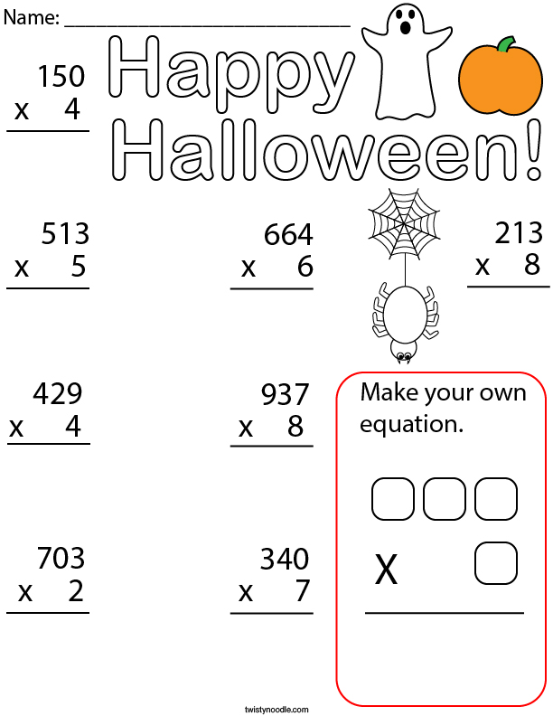Halloween multiplication 3 digit by 1 digit math worksheet - twisty noodle