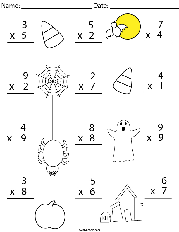 Halloween Multiplication Practice- 1 digit Math Worksheet