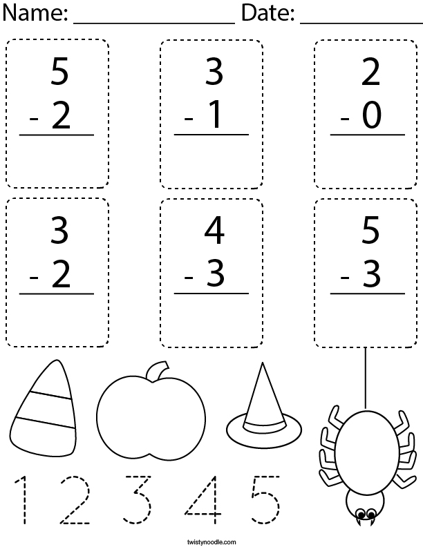 Halloween Subtract within 5 Math Worksheet