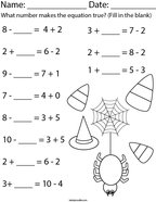 Halloween- What number makes the equation true Math Worksheet