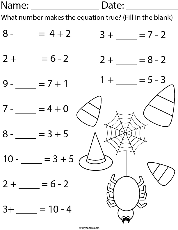 Halloween- What number makes the equation true? Math Worksheet