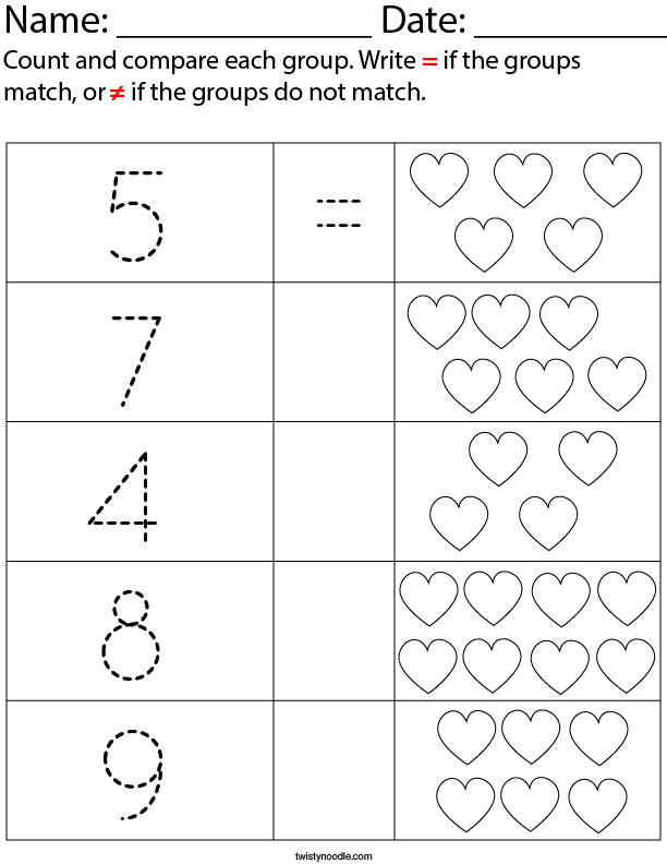 Heart equal or not equal Math Worksheet