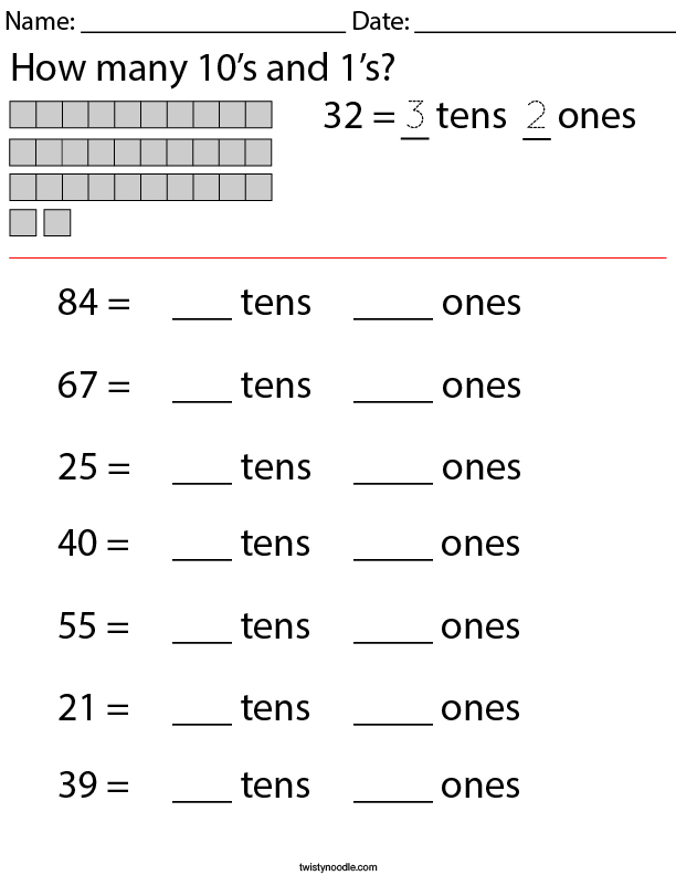 How many 10's and 1's Math Worksheet