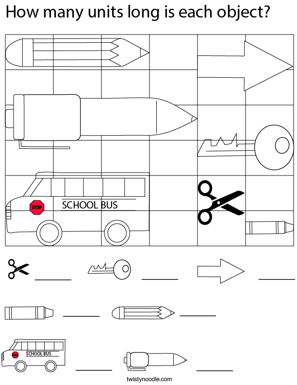 How many units long is each object? Math Worksheet