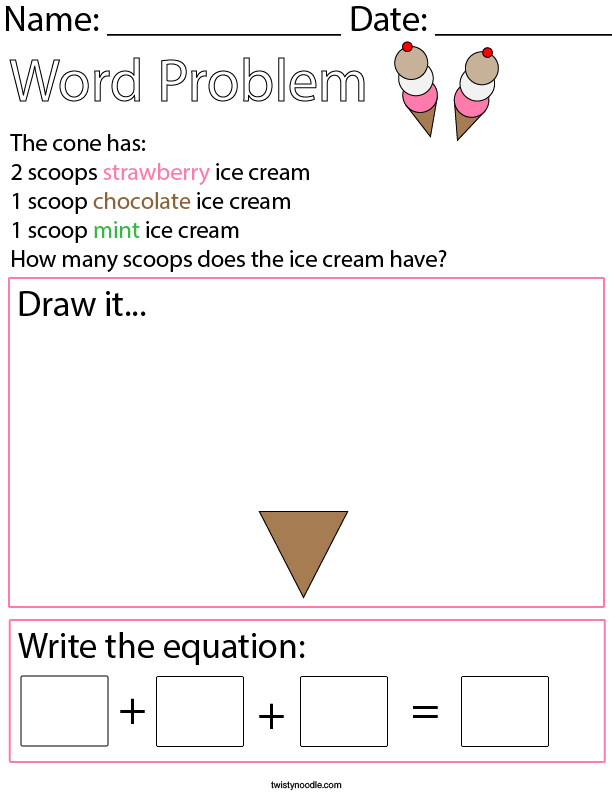 Ice Cream Addition Word Problem Math Worksheet