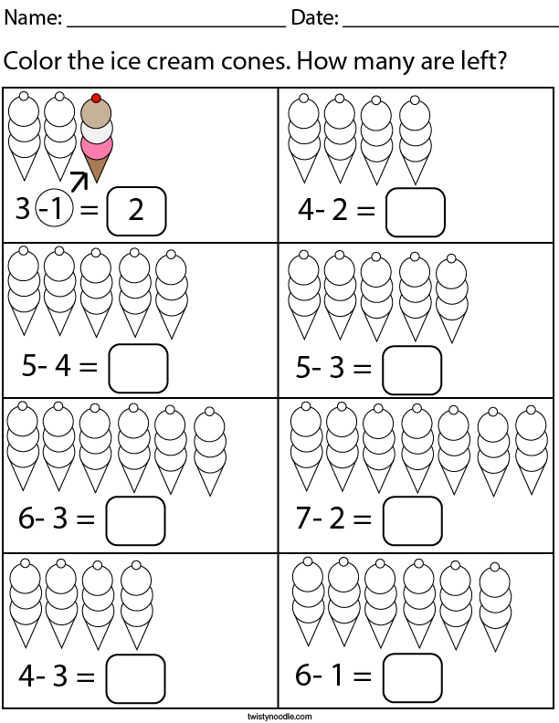 Ice Cream Subtraction Math Worksheet