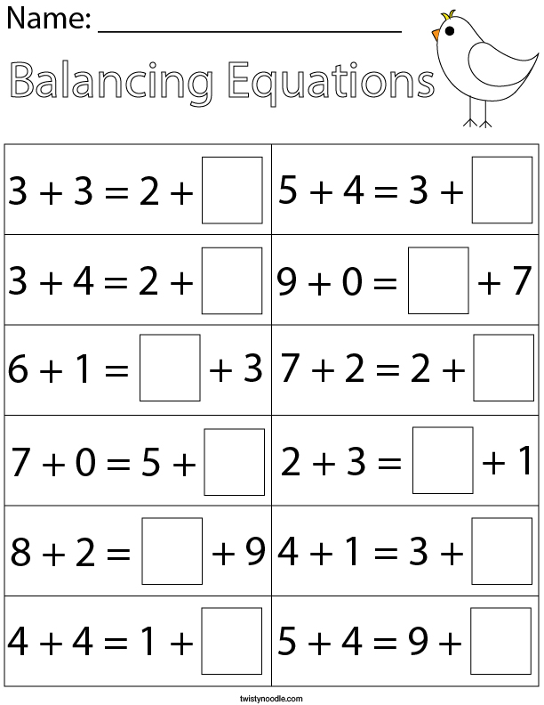 Kindergarten Balancing Addition Equations Math Worksheet - Twisty Noodle