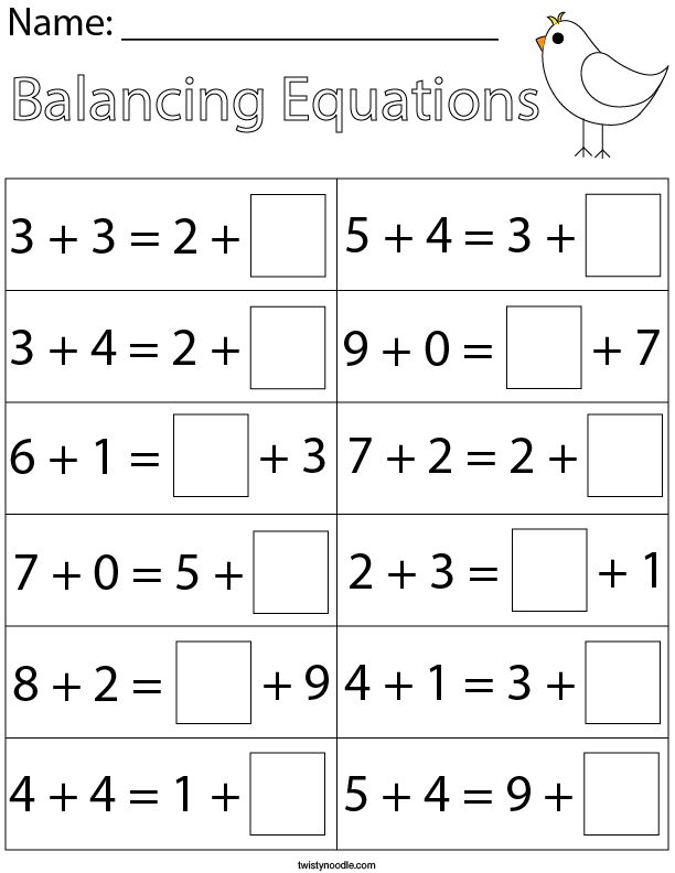 kindergarten balancing addition equations math worksheet twisty noodle
