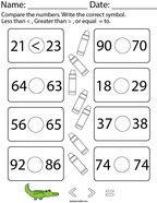 Less Than, Greater Than, Equal to- 2 Digit Numbers Math Worksheet
