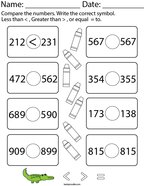 Less Than, Greater Than, Equal to- 3 Digit Numbers Math Worksheet