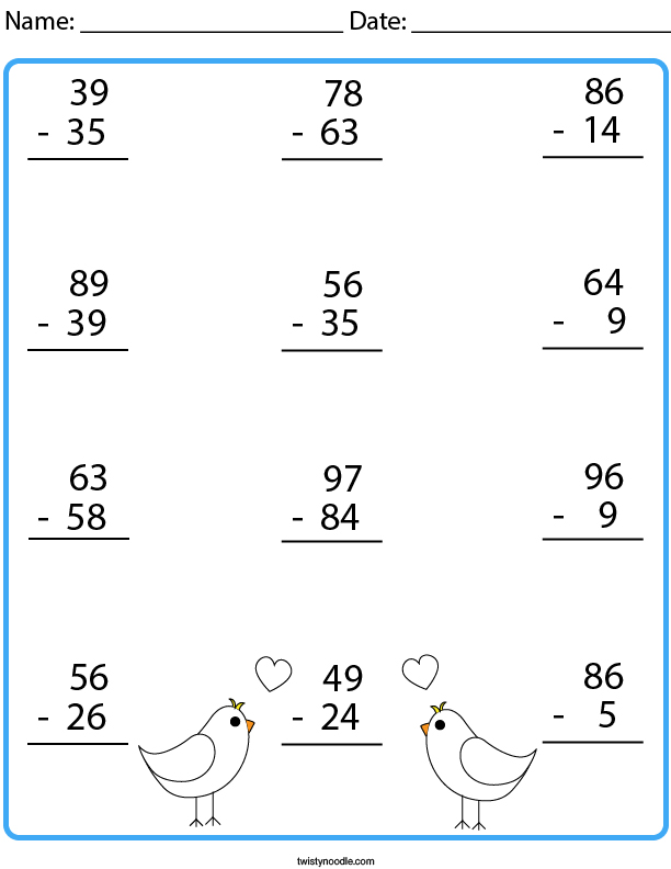 Love Bird Subtraction Math Worksheet