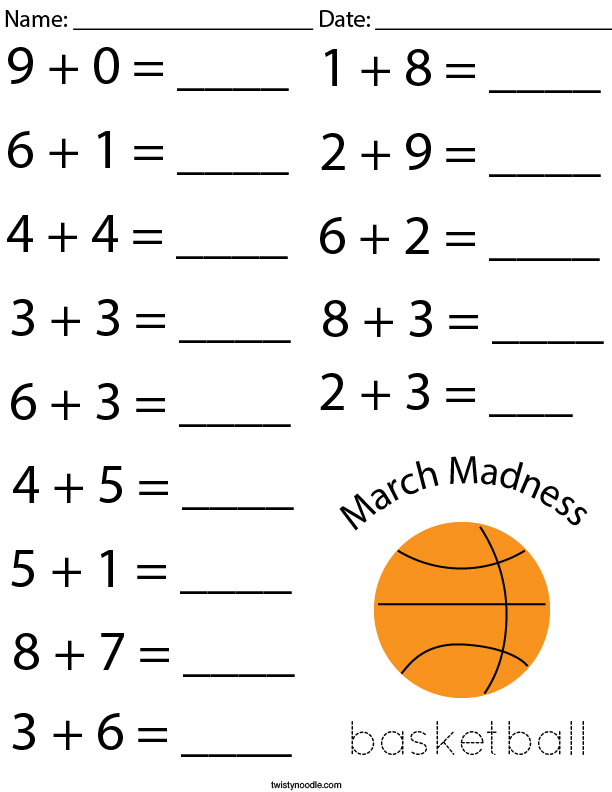 march madness addition math worksheet twisty noodle