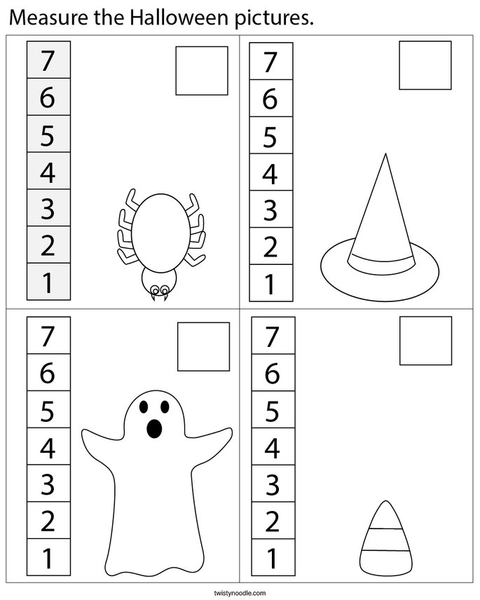 Measure the Halloween pictures. Math Worksheet