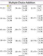 Multiple Choice Addition Math Worksheet