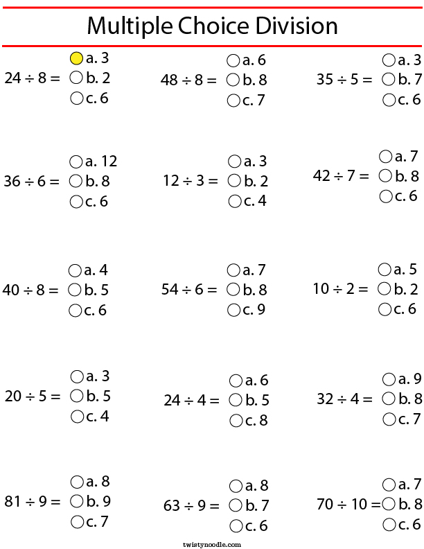 Multiple Choice Division Math Worksheet