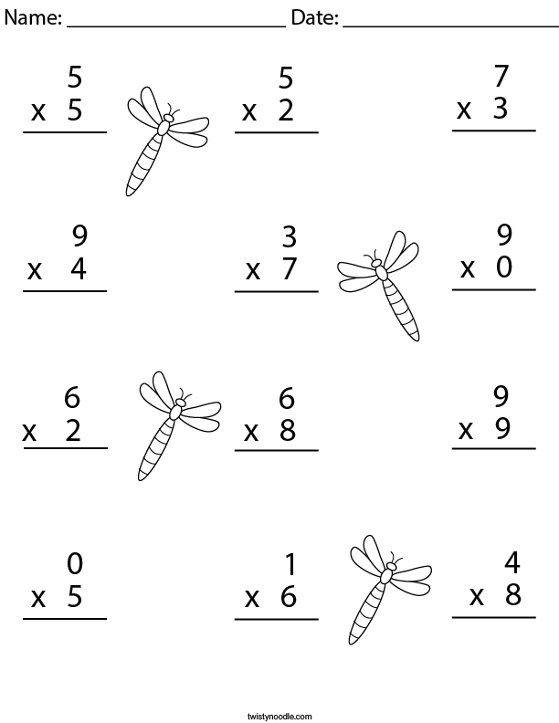 multiplication 1 digit math worksheet twisty noodle