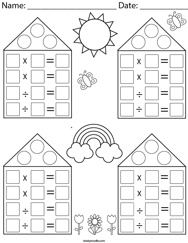 Multiplication and Division Blank Fact Family Houses Math Worksheet