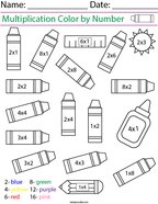 Multiplication- Color by Number Crayons Math Worksheet