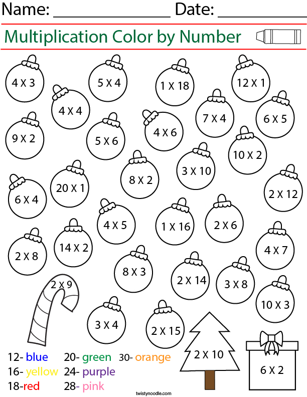 Multiplication- Color by Number Ornaments Math Worksheet