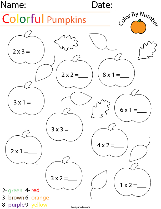 Multiplication- Color by Number Pumkins Math Worksheet