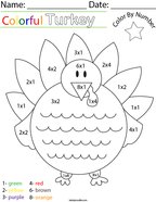 Multiplication- Color by Number Turkey Math Worksheet