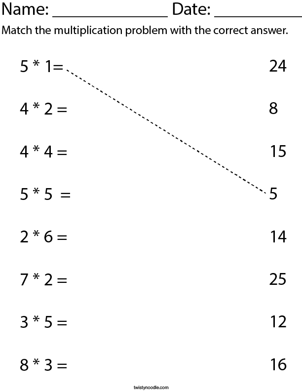 multiplication matching math worksheet twisty noodle