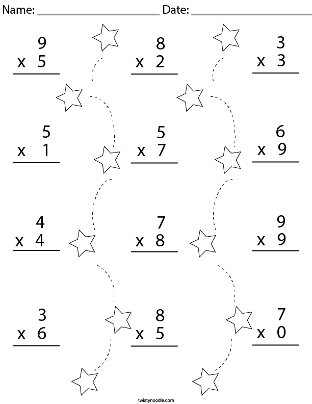 Multiplication Practice- 1 Digit Math Worksheet