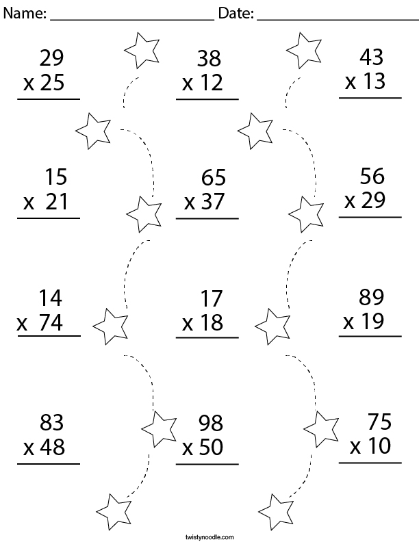 Multiplication Practice- 2 Digit by 2 Digit Math Worksheet