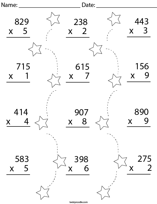 multiplication practice 3 digit by 1 digit math worksheet twisty noodle