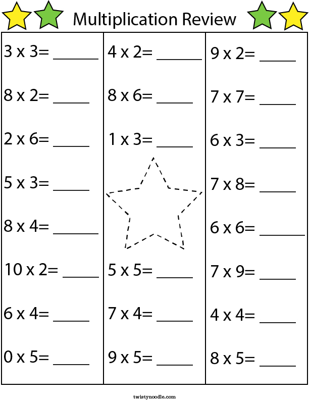 multiplication review math worksheet twisty noodle