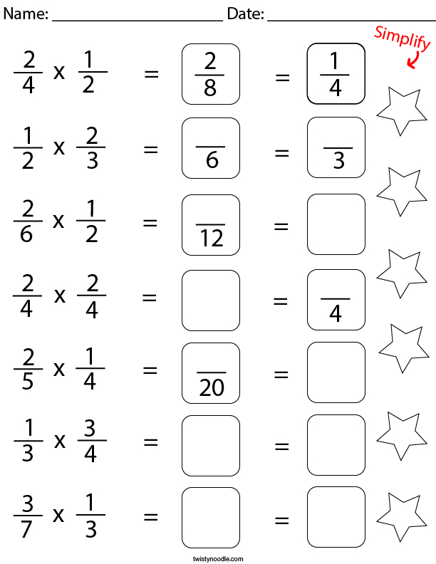 Multiply and Simplify the Fractions Math Worksheet
