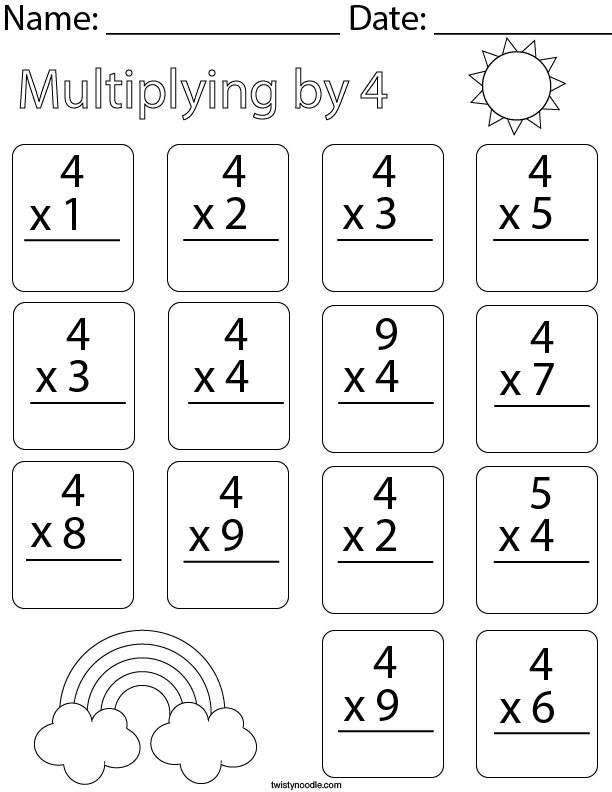 Multiplying by Four Math Worksheet