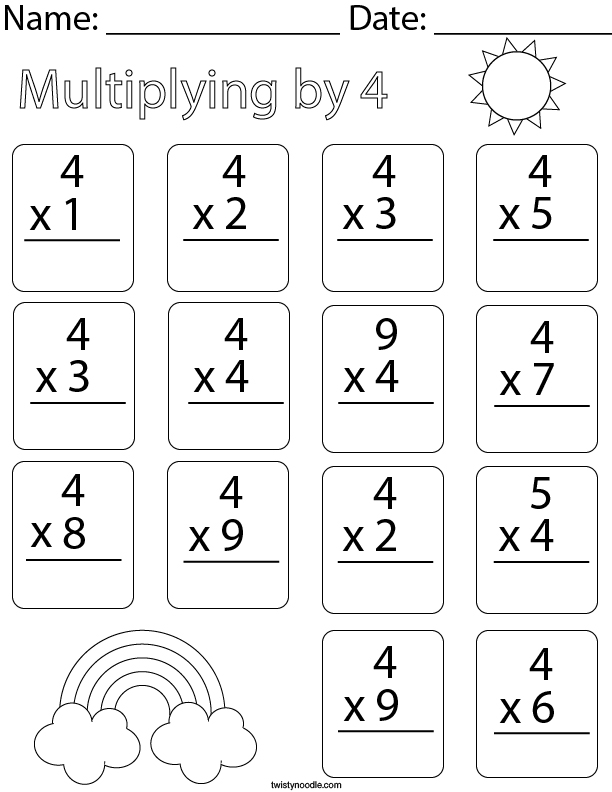 multiplying by four math worksheet twisty noodle