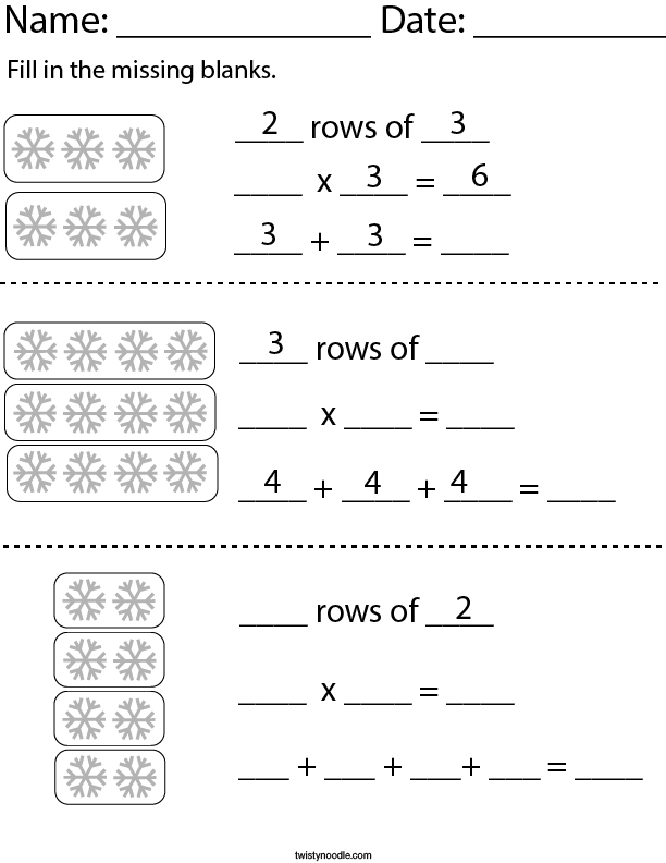 Multiplying with Rows- Snowflakes Math Worksheet