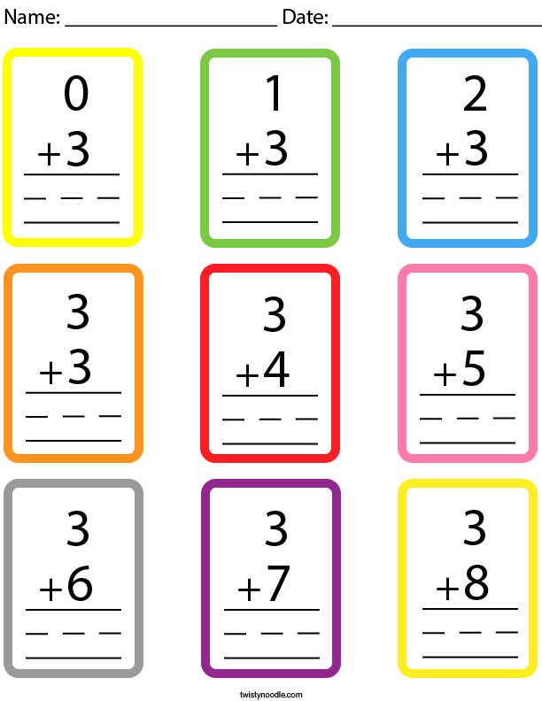 Number 3 Addition Facts Flashcards Math Worksheet