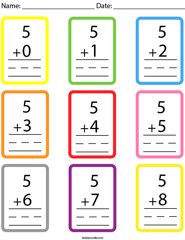 Number 5 Addition Facts Flashcards Math Worksheet