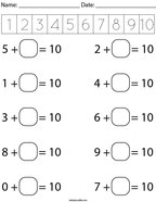 Number Bonds to 10 Math Worksheet