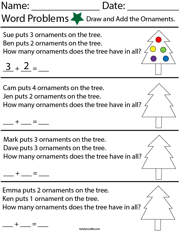 Ornament Addition Word Problems- Kindergarten Math Worksheet