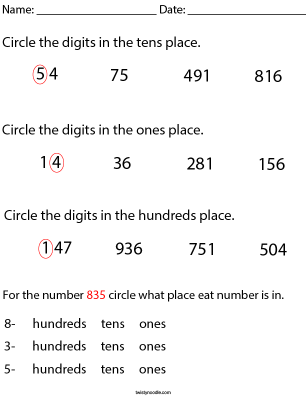 Place Value- Circle the Digits Math Worksheet