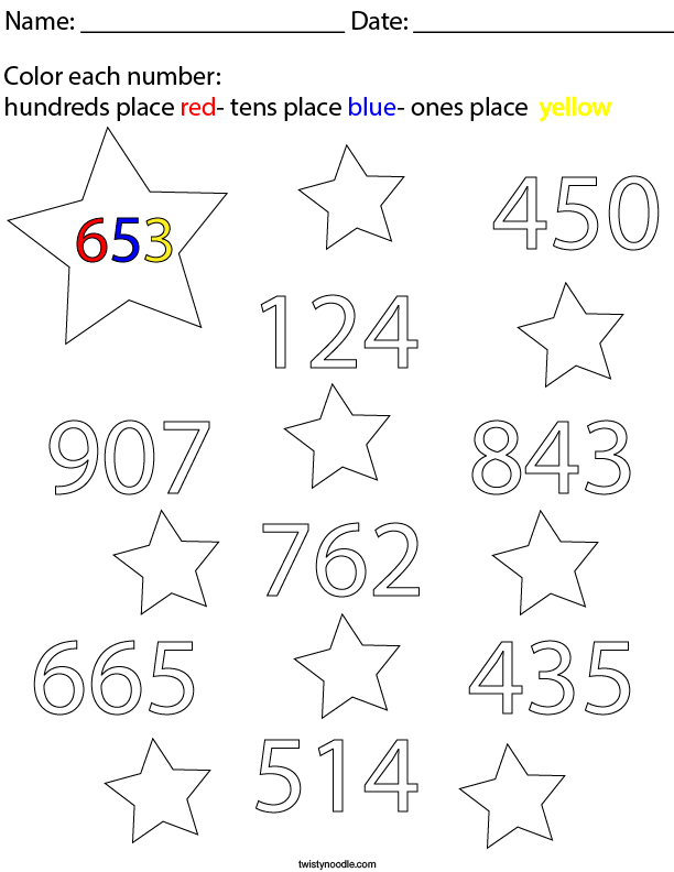 place value color each number math worksheet twisty noodle