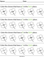 Place Value- Color the Clovers Math Worksheet