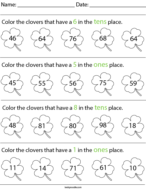 Place Value- Color the Clovers Math Worksheet
