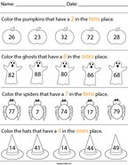 Place Value- Color the Halloween objects Math Worksheet
