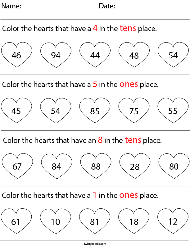 Place Value- Color the Hearts Math Worksheet