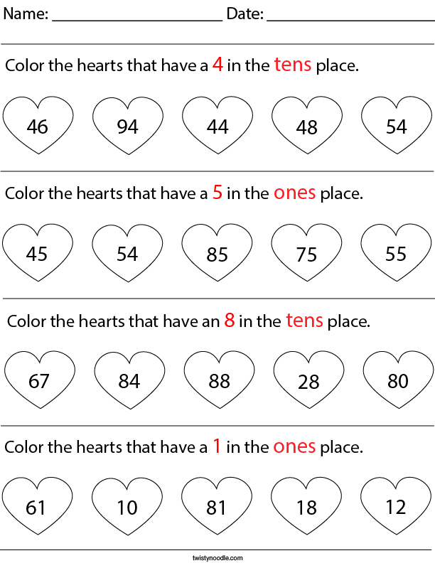 place value color the hearts math worksheet twisty noodle